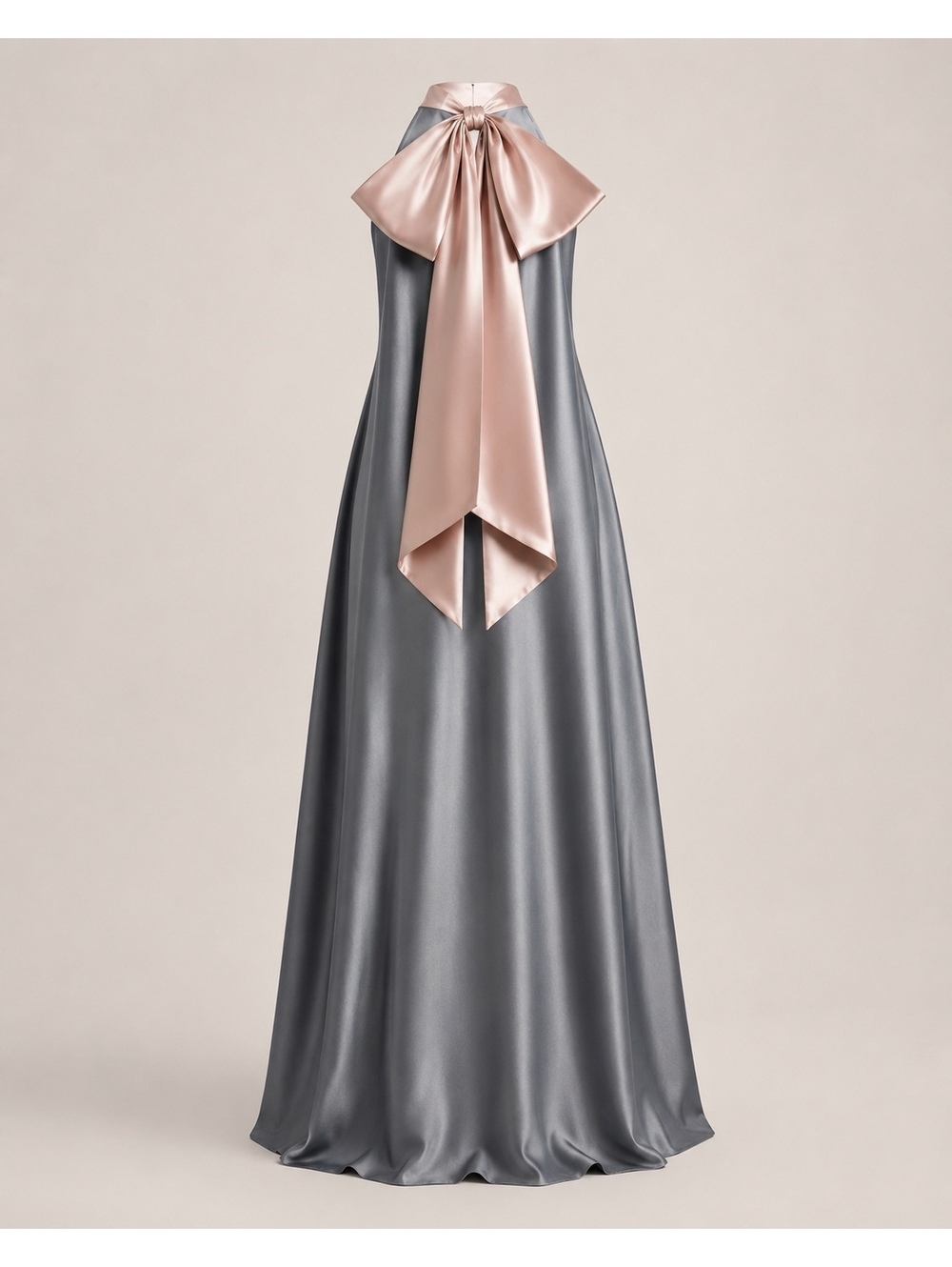 Charcoal High Neck Blush Bow Back Satin Formal Maxi Dress - Picture 3 of 9